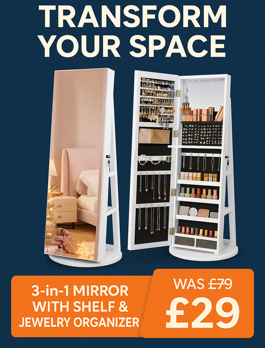 🔥 3-in-1 Mirror with Shelf & Jewelry Organizer – Style, Storage & Perfect Lighting