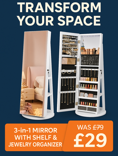 🔥 3-in-1 Mirror with Shelf & Jewelry Organizer – Style, Storage & Perfect Lighting