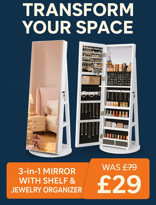 🔥 3-in-1 Mirror with Shelf & Jewelry Organizer – Style, Storage & Perfect Lighting